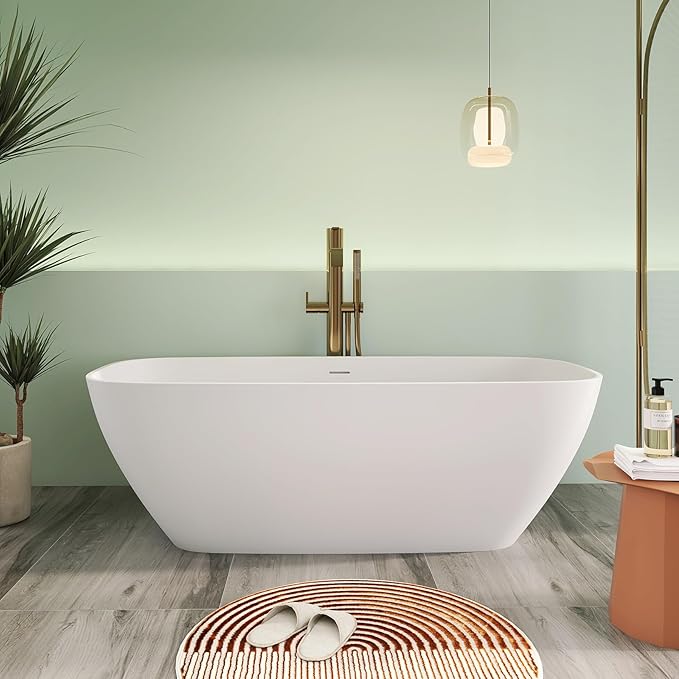 67" Premium Solid Surface Freestanding Bathtub, Upgraded Modern Design Stand Alone Tub with Overflow and Pop-up Drain, Matte White