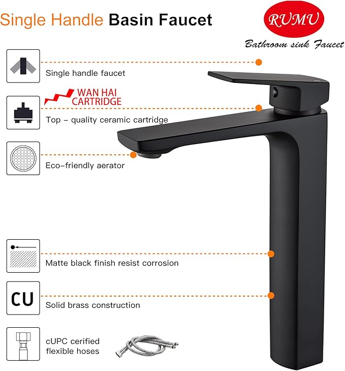 VOTON Black Vessel Sink Single Hole Tall Bathroom Faucet, RV Lavatory Vanity Basin Mixer, Solid Brass 1.2 GPM