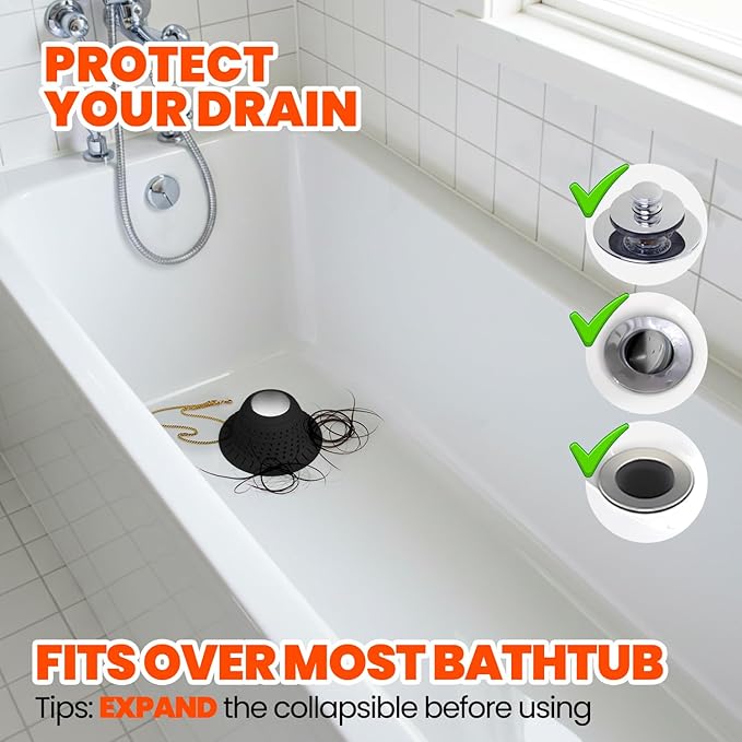 Shower Drain Hair Catcher - Bathtub Drain Cover Foldable Silicone，Shower Drain Protector for Pop-Up and Regular Drains of Shower,Tub, Bathroom, Sink, Silver-Black