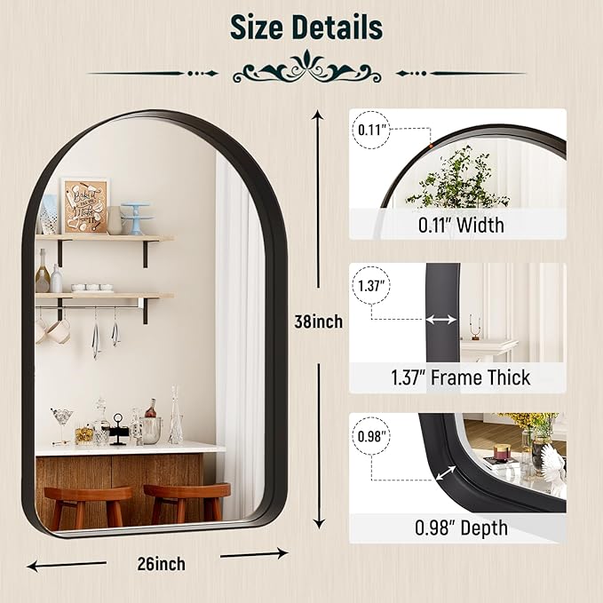 GLSLAND 26”x38“ Black Arched Bathroom Mirror - Aluminum Alloy Framed Wall- Matted Wall Mirrors for Bedroom, Entryway Mirrors for Wall