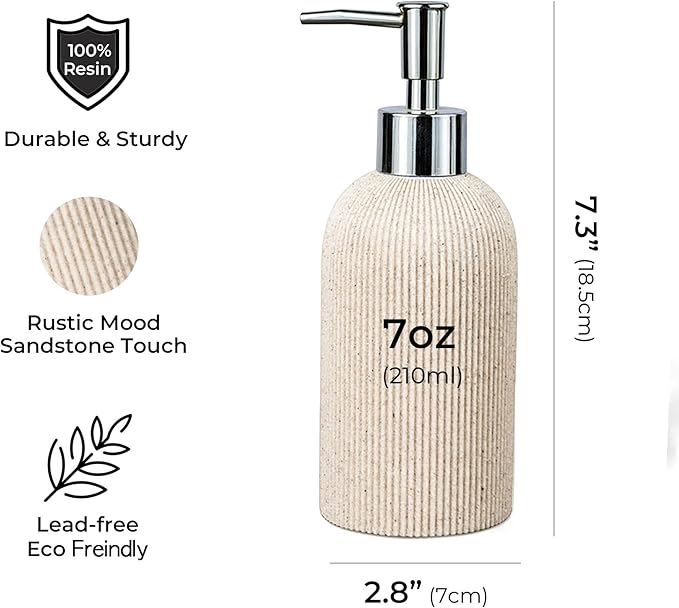 Lunestella Elegant Boho Beige Hand Soap Dispenser with Silver Pump, for Bathroom and Kitchen, Rust Proof, 7oz