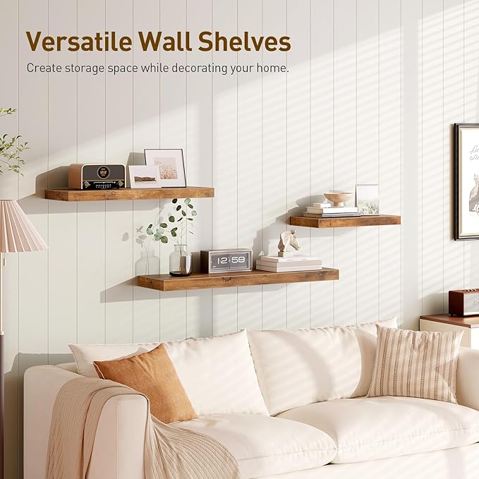 Floating Shelves for Wall, 1.5" Thick Wall Shelf Set of 4 with Invisible Brackets, 31.5 x 7.9W Hanging Shelves Farmhouse Home Decor for Bathroom, Living Room, Bedroom, Rustic Brown 8301BJP4BF