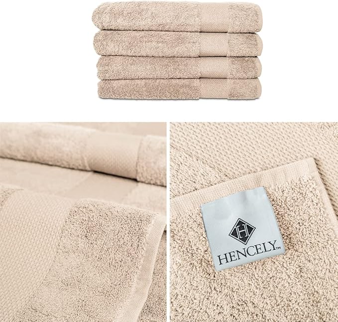 Hencely Premium Bath Towel Set of 4-28x 58 inches Soft Turkish Cotton Absorbent and Quick Dry Large Bathroom Towels Ideal for Home, Hotel, Spa, and Gym - Beige