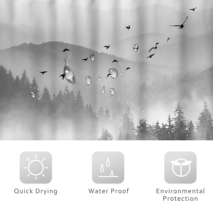 Riyidecor Mountain Shower Curtain 60Wx72H Inch Black Pine Tree Nature Scenery Woodland Landscape Rustic Mens Bathroom Decor Fabric Polyester Waterproof 12 Pack Hooks