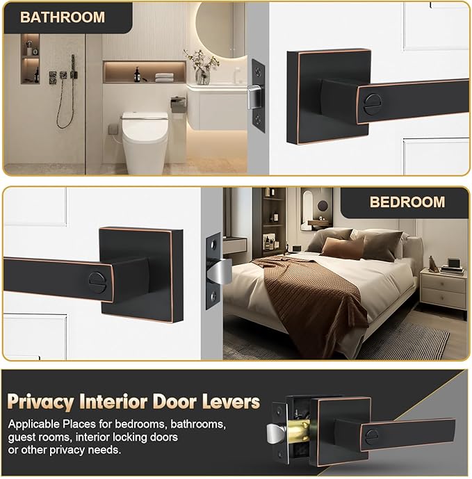 Privacy Door Levers, 1 Pack Oil Rubbed Bronze Door Handles Interior Heavy Duty Bed and Bath Keyless Door Locksets, Reversible for Left Right Handed Doors