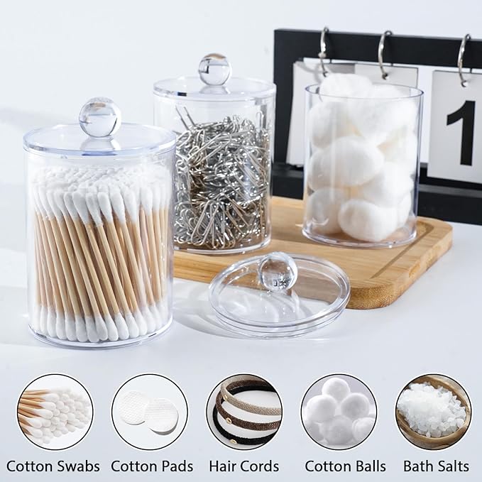 4 Pack Qtip Holder,Canister Apothecary Jar Set, Bathroom Jars with Lids Set for Cotton Swabs, Balls, Pads, Floss Picks,10oz-12oz Plastic Canisters Restroom Bedroom Vanity Organizer