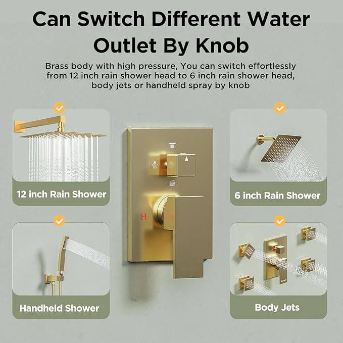 Shower Systems with 4 Body Spray Jets, STARBATH 4 Way 12+6" Rainfall Shower Head with Handheld Combo, Wall Mounted Shower Jets System in Wall Shower Faucet Sets Complete,Brushed Gold
