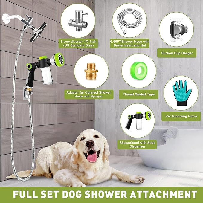 Dog Washing Hose Attachment - Dog Shower Attachment with 3-Way Diverter and 6.56FT Shower Hose, 8-in-1 Water Nozzle Soap Sprayer for Pet Bathing and Garden Nozzle, Pet Grooming Glove
