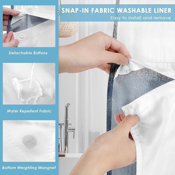 No Hook Blue Grey Painting Shower Curtain with Snap in Fabric Liner Set, Gray Abstract Double Layers Waterproof Fabric with See Through Top Window Open Grommet Bath Curtain 71x74 Inch