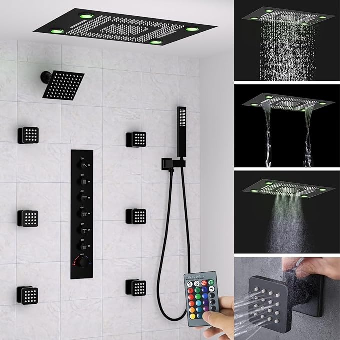 24x32 LED Dual Head Shower System 24"x32" Ceiling Mount Shower Head Thermostatic Shower System Rainfall Shower Set with 6 Inches Shower Head and 6 Body Jets High Pressure Shower Handheld