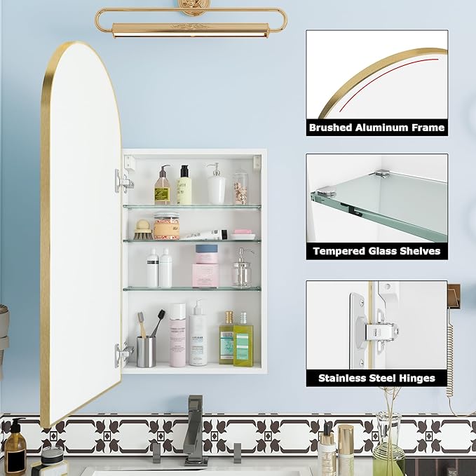 FKWin Arched Gold Bathroom Medicine Cabinet with Mirror, Left or Right Opening, Bathroom Mirror with Storage, Surface Mount Medicine Cabinet not Recessed, Gold, 16x32 inch