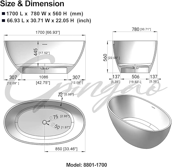 Cpingao 67" Freestanding Bathtub, Oval Shaped Stone Resin Freestanding Tubs, Solid Surface Matte White Soaking Tub with Overflow and Pop-up Drain 8801-1700
