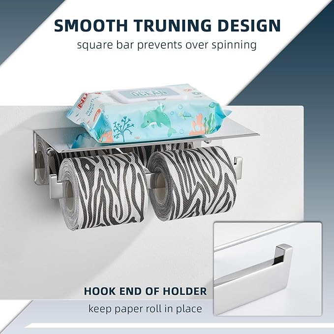 Angle Simple Double Toilet Paper Holder with Shelf Polished Chrome, 304 Stainless Steel Toilet Tissue Roll Holder Wall Mount