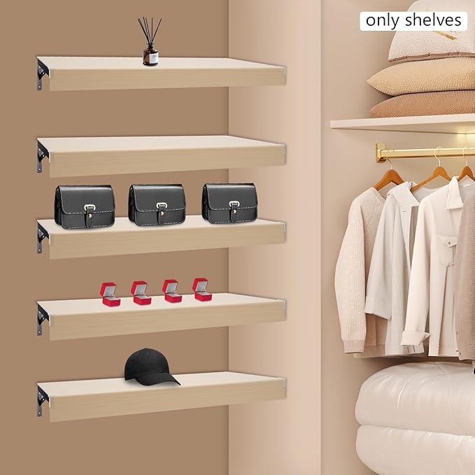 33 Inch Floating Shelves for Wall, 16 Inch Deep Hanging Shelf, Large Display & Storage Shelf for Bathroom, Bedroom, Living Room, Set of 5 (Light Wood Color, 33 Inch)