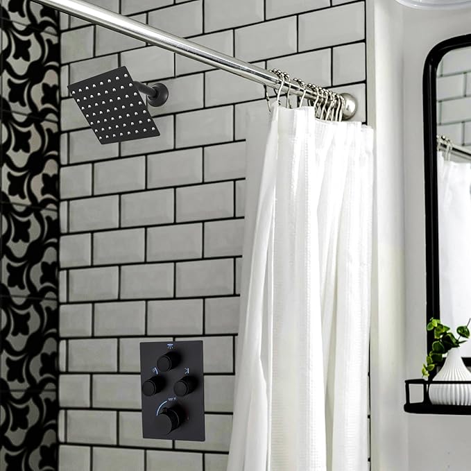 Modern Push Button 3 Way Thermostatic Shower Valve, Concealed Multi Function Brass Faucet Rough-In Mixer Shower Diverter Valve Kit Can Control Flow and On-Off Simultaneously, Matte Black
