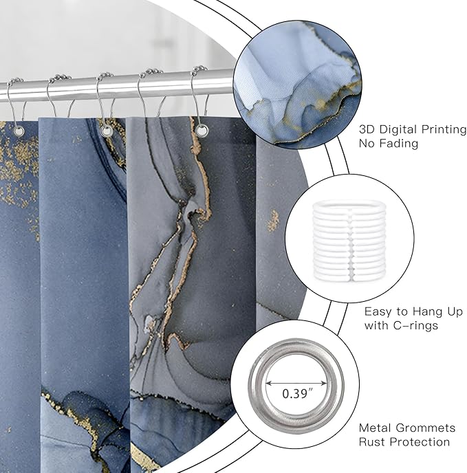 Long Shower Curtain 72 x 78 Inch, Tall Abstract Marble Shower Curtains for Bathroom Decor, Modern Luxury Art Decor Ink Texture Fabric Shower Curtain Set with Hooks, Navy Blue