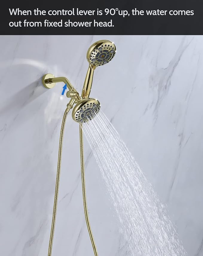 G-Promise Solid Metal Shower Arm Diverter with Holder for Hand Held Showerhead and Fixed Spray Head, G 1/2 3-Way Bathroom Universal Diverter System Replacement Part (Polished Gold)
