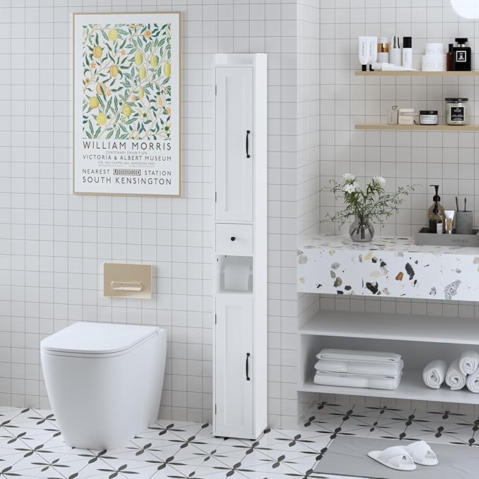 Tall Bathroom Storage Cabinet with Adjustable Shelves,66.92" H Slim 1-Door Freestanding Cabinet for Small Spaces, Bathroom,Kitchen, Living Room,White (Narrow)