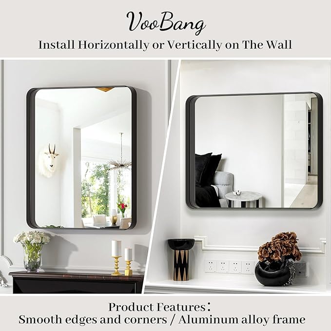 VooBang Bathroom Mirror 24x36 inch, Black Gorgeous Deep Frame Wall Mirror, Modern Round Corner Bathroom Vanity Mirror for Bedroom, Living Room, Hanging or Leaning Horizontal or Vertical, Black