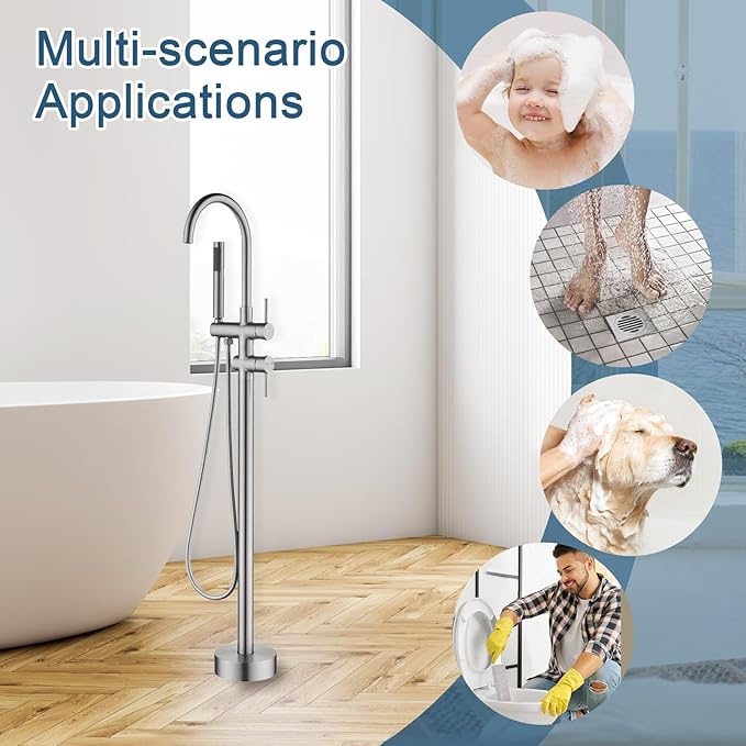 Freestanding Bathtub Faucet Floor Mount Tub Filler Brush Nickel, OMEKNTOP Modern Freestanding Tub Faucet with 360 Swivel Gooseneck Spout and Handheld Shower, Standing Tub Faucet for Bathroom