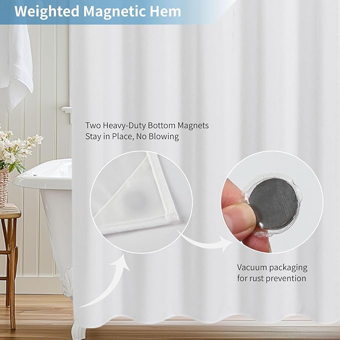 2-in-1 Waterproof Extra Long Fabric Shower Curtain or Liner,Linen Textured,84 Inch Breathable TPU & Washable Bathroom Shower Curtain Set with 12 Plastic Hooks,Modern,72"x84",White