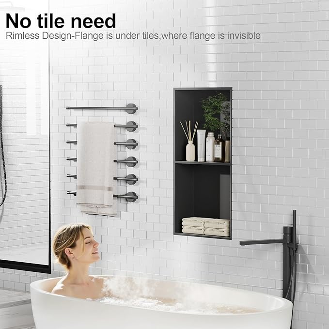Bathbliss Shower Niche, No‑Tile Recessed Wall Niche, 11.18"x22.3" SUS304 Stainless Steel Double Shelf, Leak‑Proof Waterproof for Bathroom Storage, Matte Black