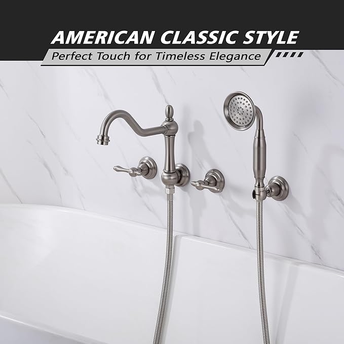 SUMERAIN Brushed Nickel Wall Mount Bathtub Faucet with Handheld Sprayer Traditional Tub Filler with Rough-in Valve