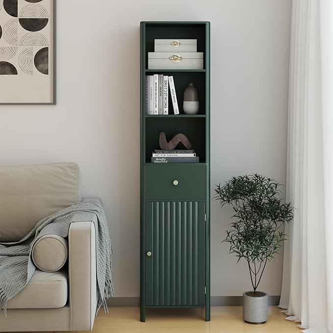 Tangkula 67" Tall Bathroom Cabinet, Narrow Floor Cabinet w/Fluted Door, 3 Open Shelves & 1 Drawer, Freestanding Storage Organizer w/Adjustable Shelf & Anti-tip Kit for Kitchen, Living Room (Green)