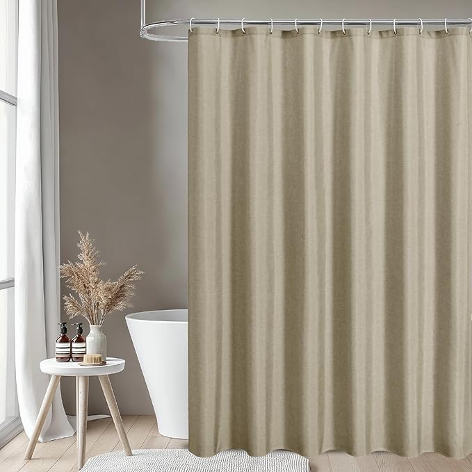2-in-1 Waterproof Long Fabric Shower Curtain or Liner,Linen Textured,78 Inch Breathable TPU & Washable Bathroom Shower Curtain Set with 12 Plastic Hooks,Modern,72"x78" Khaki