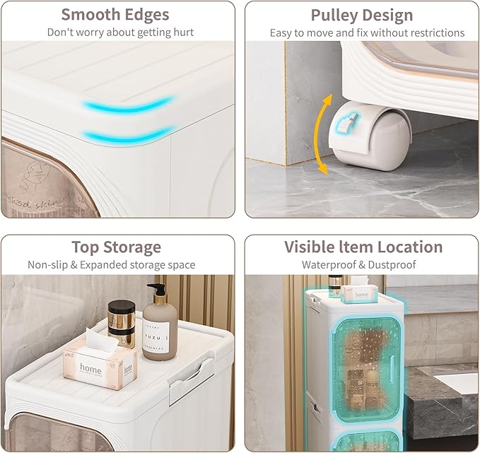 KHNR 4-Tiers Slim Bathroom Storage Cabinet, Foldable Storage Cabinets,Narrow Bathroom Storage,Movable Bathroom Storage Organizer for Small Spaces,Bathroom,Kitchen,Laundry,Cream White