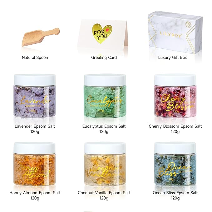 Christmas Gifts for Women - 9-Piece Floral Epsom Salt Gift Set for Women with 6 x 120g Epsom Salt, Bath and Body Gift Set in Elegant Box | Mothers Day Gifts, Birthday Gifts for Men