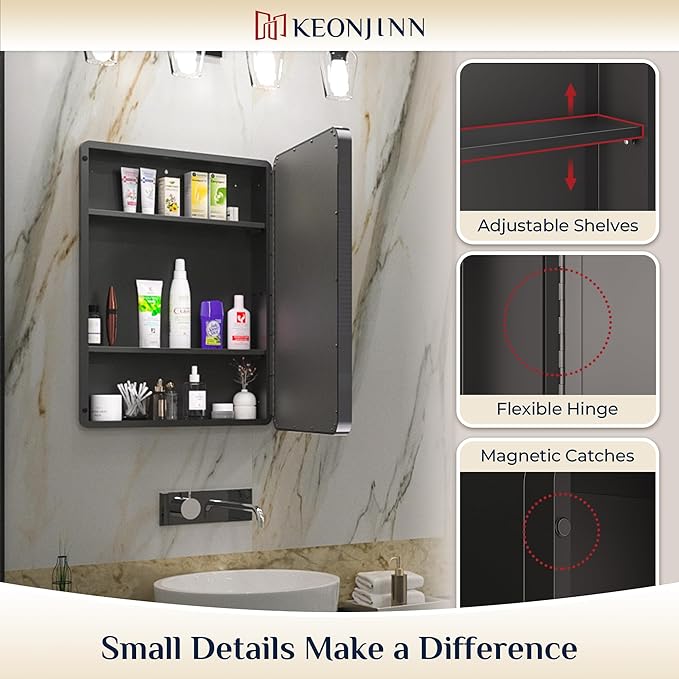 Keonjinn 24 x 32 Inch Black Recessed Medicine Cabinets, Bathroom Mirrored Medicine Cabinet, Gloss Black Stainless Steel Framed, Adjustable Shelves, in Wall or Surface Mount, Sturdy & Heavy, Farmhouse