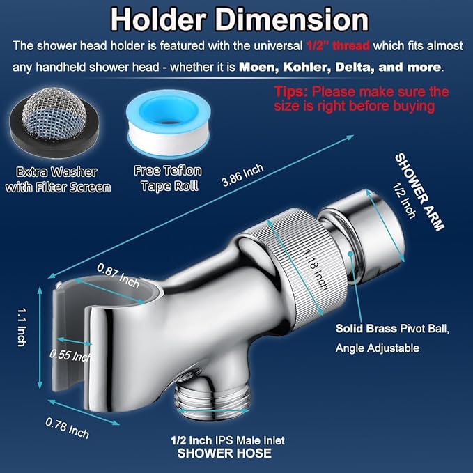 Shower Head Holder All Metal Adjustable Handheld Shower Arm Mount, 1/2" Shower Hose Holder Fits Most Hand Showerheads, Brass Hand Held Shower Head Holder, Easy to Install(Chrome)