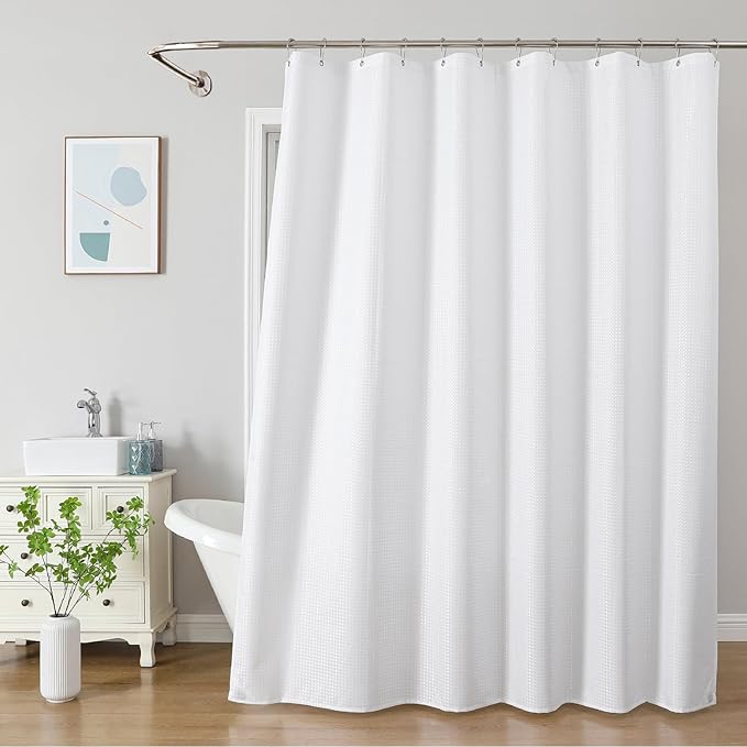 2-in-1 Waterproof Fabric Shower Curtain - No Separate Liner Needed, Hotel-Style Waffle Weave, Effortless Cleaning & Washable Bathroom Shower Curtain Set,72Wx78H,White