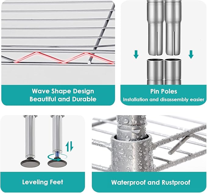 BNSPLY 3-Tier Adjustable Shelving Unit, Metal Wire Rack with NSF Certified, Leveling Feet, Standing Storage Shelf for Laundry, Bathroom, Kitchen, Pantry, Closet, Chrome