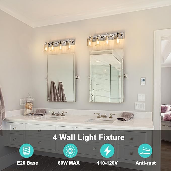 4-Light Bathroom Light Fixtures Modern Chrome Vanity Lights for Bathroom Lighting Fixtures Over Mirror with Clear Glass Shade for Cabinet Mirror Bedroom Hallway