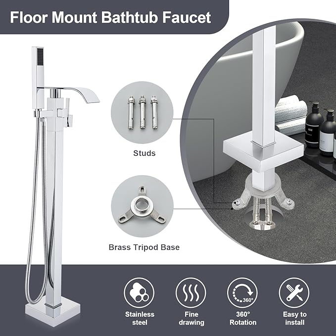 Senlesen Bathroom Chrome Freestanding Tub Faucet Floor Mounted Bathtub Shower Faucet with Handheld Sprayer
