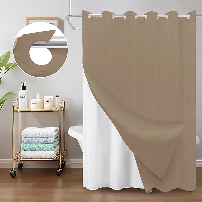 Inhousolu No Hook Waffle Weave Shower Curtain with Removable Snap in Fabric Liner Set for Bathroom, 230 GSM Heavy Duty Weighted Hem, Water Repellent Washable Bath Curtains, 72 x 78 Inch, Beige