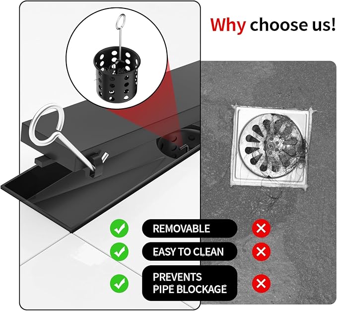 Linear Shower Drain, 304 Stainless Steel with Adjustable Leveling Feet, Hair Strainer,Reversely Install Place to Create an Invisible Floor Drain- Black -12-Inch