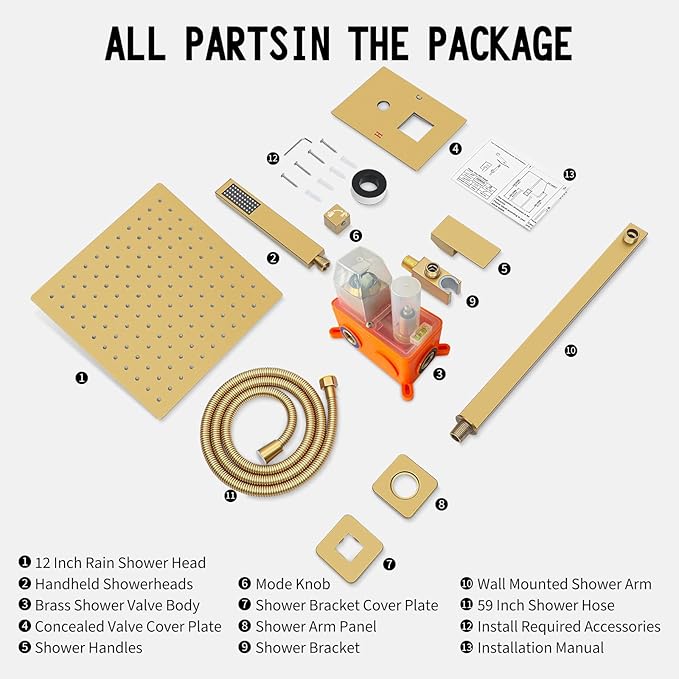 Bathroom Shower Faucet Set，10 Inch Rain Shower Head with Handheld Spray，Brass Shower Valve Trim Kit，Wall Mounted Square Rain Shower System (Brushed Gold)
