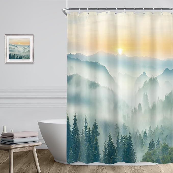 Riyidecor Small Stall Mountain Shower Curtain 54Wx78H Inch Rv Narrow Extra Long Green Sunset Sunrise Scenery Landscape Woodland Bathroom Decor Fabric Polyester Waterproof 12 Pack Hooks