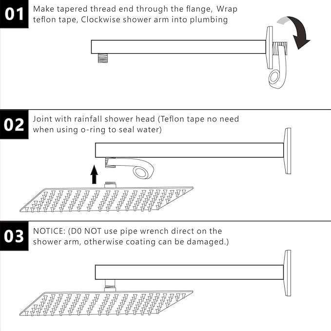 Voolan 15" Round Shower Arm with Flange and Teflon Tape, Extension Shower Head Arm for Bathroom Fixed Shower Head, Solid Stainless Steel, Wall Mounted (Matte Black)