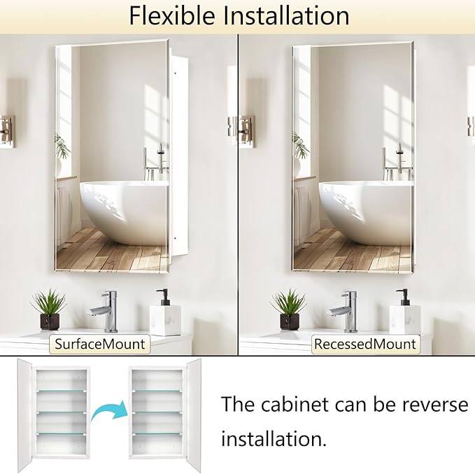 Medicine Cabinet, Rectangular Beveled Frameless Mirror Cabinet,Wall Mounted Cabinet for Bathroom Toilet Kitchen,Recess or Surface Mount,24x24 in
