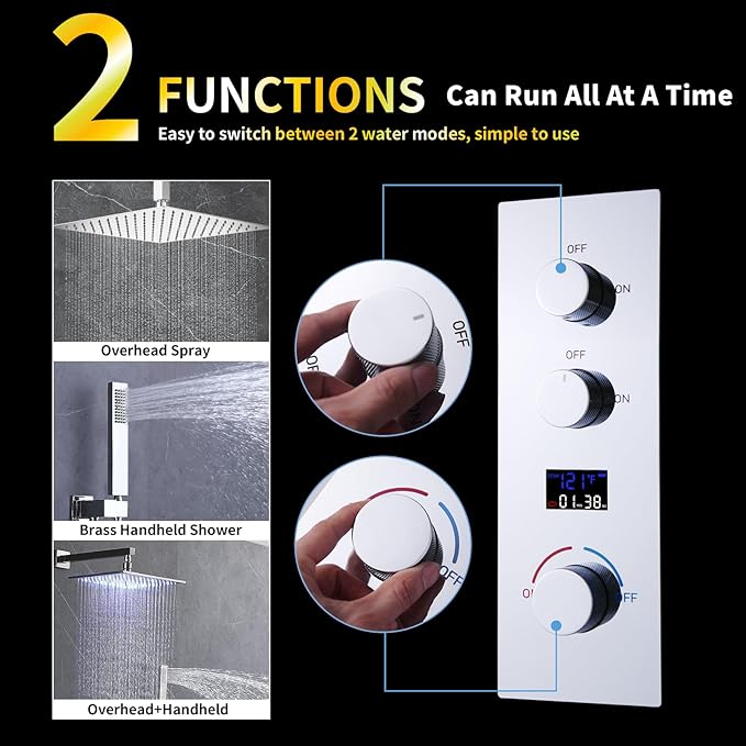 AYIVG Shower Diverter Valve Chrome Solid Brass Pressure Balance Diverter Valve 2 Way Digital Display Diverter Shower Valve Temperature Control Valve with Individual On Off Flow Control Shower Valve