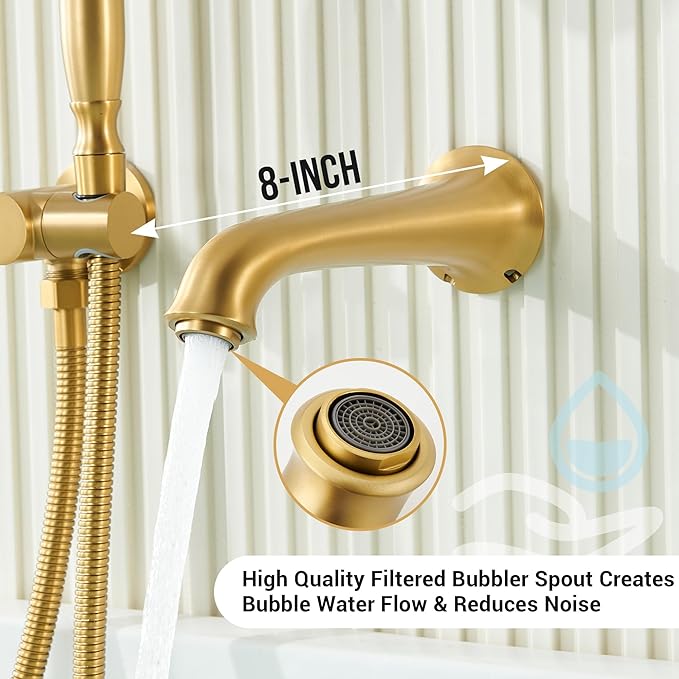 DASAN Antique Wall Mount Tub Filler Faucet with Hand Held Shower, Brushed Gold Brass Bathtub Faucet with Sprayer Wall Mounted Roman Bath Tub Faucet Set with High Flow Rough in Valve, AT201TF-BTG