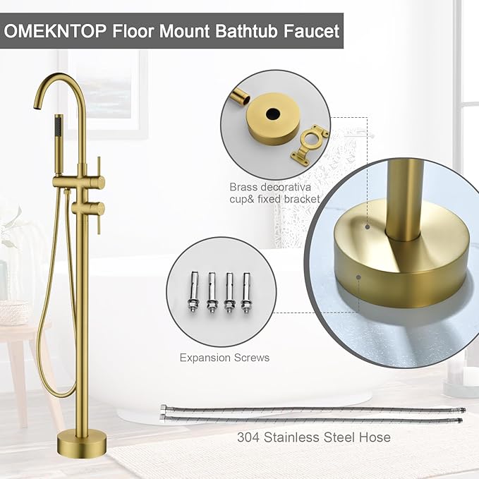 Modern Freestanding Tub Faucet with 360 Swivel Gooseneck Spout and Handheld Shower, Gold Floor Mount Tub Filler