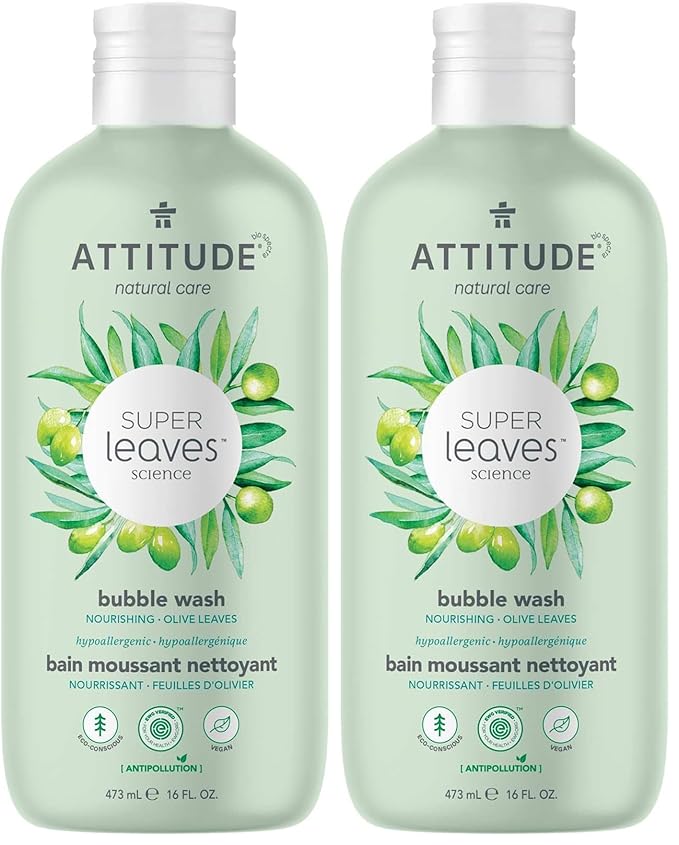 ATTITUDE Bubble Bath, EWG Verified, Plant and Mineral-Based Ingredients, Dermatologically Tested, Vegan and Cruelty-Free Body Care Products, Olive Leaves, 16 Fl Oz (Pack of 2)
