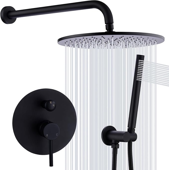 TRUSTMI 12 inch Round Bathroom Luxury Rain Mixer Combo Set Wall Mounted Rainfall Shower Head System Matte Black, (Contain Faucet Rough-in Valve Body and Trim)