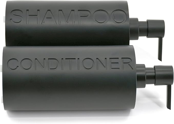 2-Pack Matte Black Resin Refillable Shampoo & Conditioner Bottles – Modern Bathroom Pump Dispenser Set, Durable Resin Shower Containers with Embossed Labels, Reusable Pump Bottle