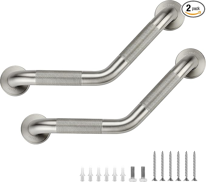 Grab Bars for Bathtubs and Showers- 1-1/4 x 16 Angled Shower Grab Bar for Seniors Knurled Stainless Steel Handicap Grab Bars for Wall (Brushed Nickel, 2 Pack)